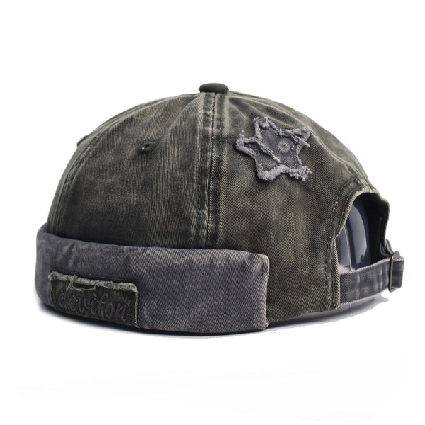Washed Cotton Docker Cap Unisex Brimless Beanie Hat With Star Patch Green Hats