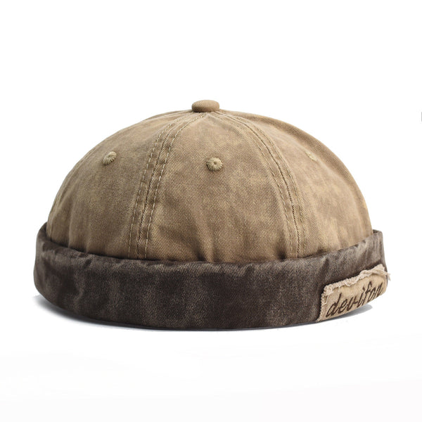 Washed Cotton Docker Cap Unisex Brimless Beanie Hat With Star Patch Khaki Hats