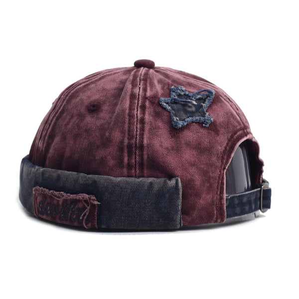 Washed Cotton Docker Cap Unisex Brimless Beanie Hat With Star Patch Wine Red Hats