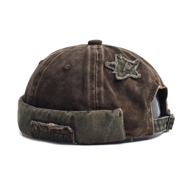 Washed Cotton Docker Cap Unisex Brimless Beanie Hat With Star Patch Coffee Hats