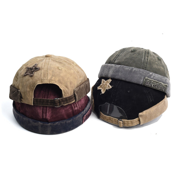 Washed Cotton Docker Cap Unisex Brimless Beanie Hat With Star Patch Coffee Hats