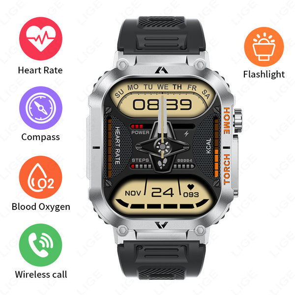 Smartwatch With Flashlight Compass & Wireless Calling Health Fitness Tracker(Black Silicone Silver Case) Smart Watches