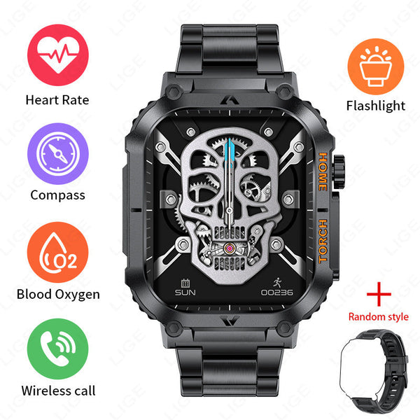 Smartwatch With Flashlight Compass & Wireless Calling Health Fitness Tracker(Black Case Steel + Silicone) Smart Watches