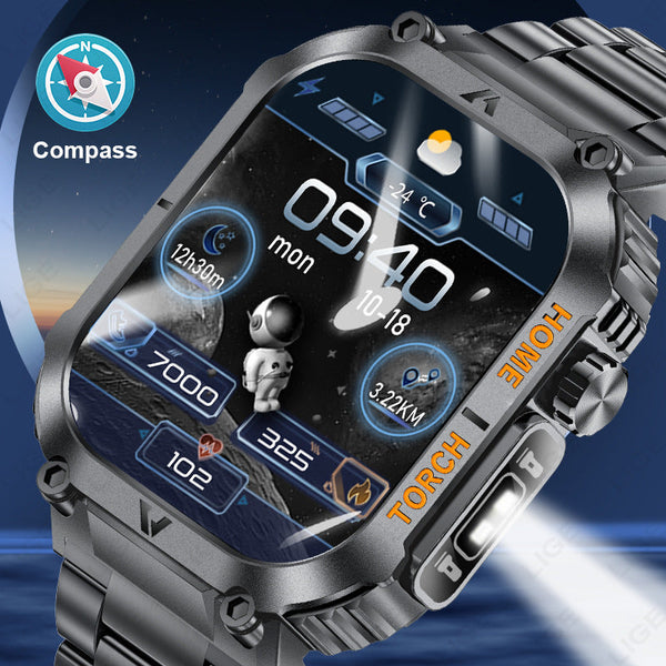 Smartwatch With Flashlight Compass & Wireless Calling Health Fitness Tracker(Black Case Steel + Silicone) Smart Watches