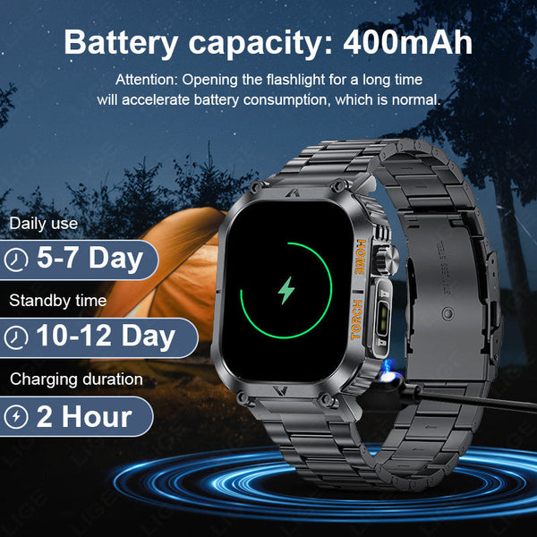 Smartwatch With Flashlight Compass & Wireless Calling Health Fitness Tracker(Black Case Steel + Silicone) Smart Watches