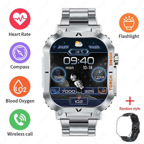 Smartwatch With Flashlight Compass & Wireless Calling Health Fitness Tracker(Silver Case Steel + Black Silicone) Smart Watches