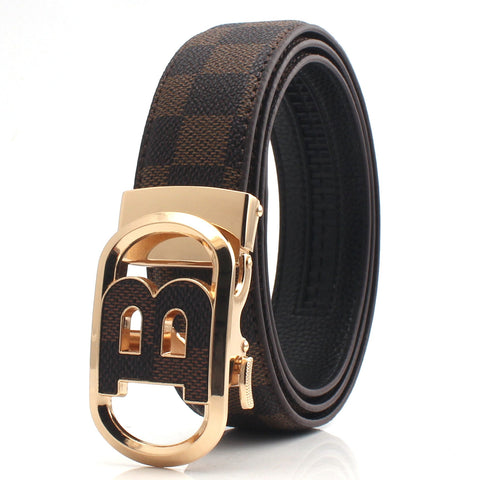 Luxury Designer Style Pu Leather Beltautomatic Buckle(B Patterned Coffee Colored + Gold Buckle) Belts