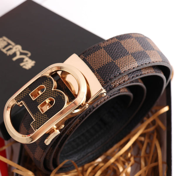 Luxury Designer Style Pu Leather Beltautomatic Buckle(B Patterned Coffee Colored + Gold Buckle) Belts