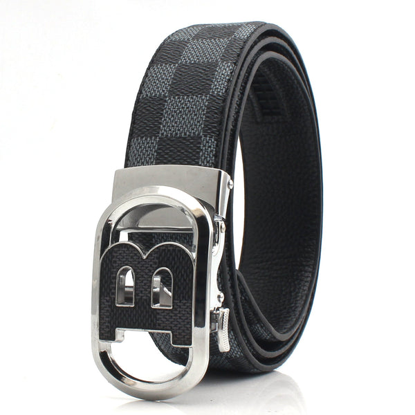 Luxury Designer Style Pu Leather Beltautomatic Buckle(B Patterned Black Gray + Silver Belts