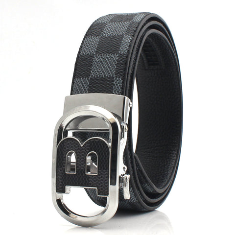 Luxury Designer Style Pu Leather Beltautomatic Buckle(B Patterned Black Gray + Silver Belts