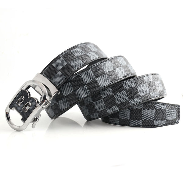 Luxury Designer Style Pu Leather Beltautomatic Buckle(B Patterned Black Gray + Silver Belts