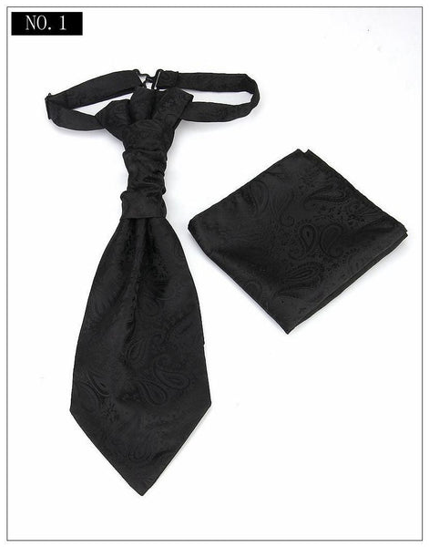 Men's Formal Paisley Ascot Cravat & Pocket Square Set Adjustable Necktie Weddings (Black) Ties
