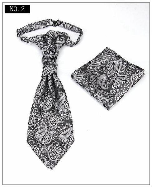 Men's Formal Paisley Ascot Cravat & Pocket Square Set Adjustable Necktie Weddings (Dark Gray Pattern) Ties