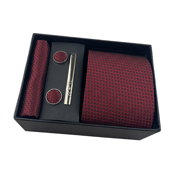 Men's Luxury Necktie Gift Set 4 Piece With Tie Pocket Square Cufflinks & Clip (Dark Red) Ties