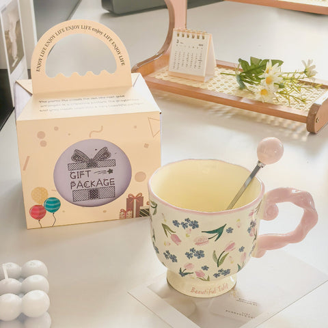 Elegant Ceramic Mug With Sculpted Handle400ml Vintage Inspired Pedestal Design(Rose Pink) Mugs