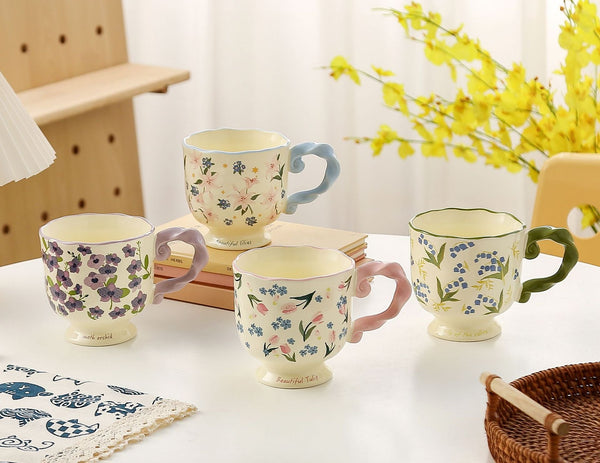 Elegant Ceramic Mug With Sculpted Handle400ml Vintage Inspired Pedestal Design(Rose Pink) Mugs