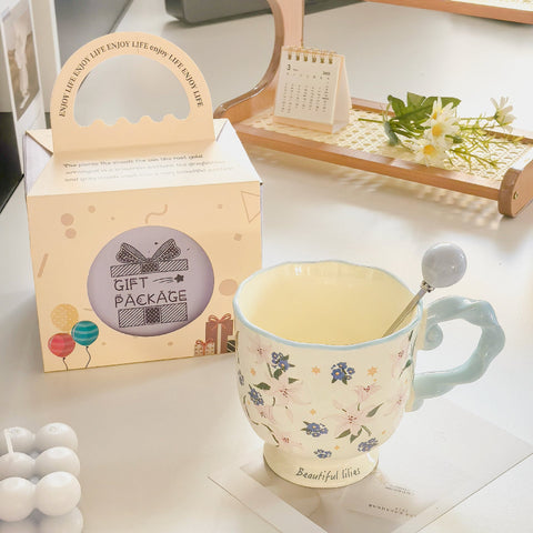 Elegant Ceramic Mug With Sculpted Handle 400Ml Vintage Inspired Pedestal Design Blue Mugs