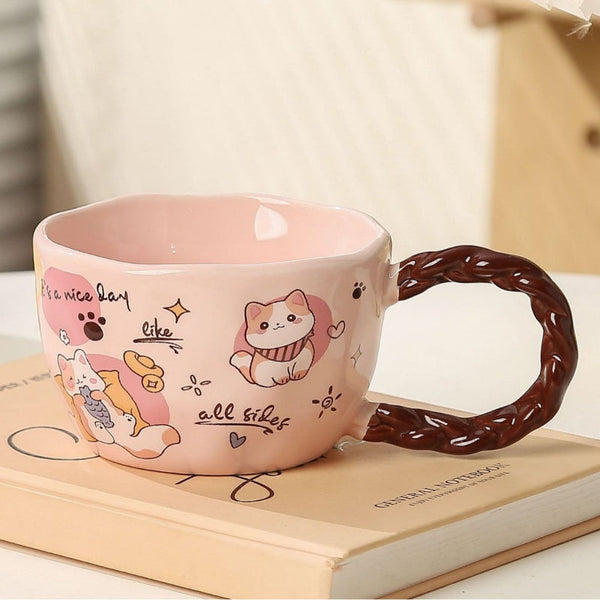 320Ml Whimsical Cat & Friends Ceramic Mug With Unique Twisted Handle Pink Mugs