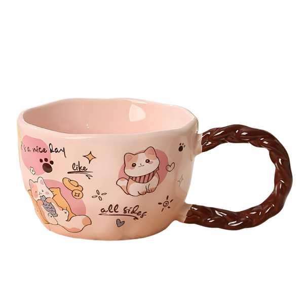 320Ml Whimsical Cat & Friends Ceramic Mug With Unique Twisted Handle Pink Mugs