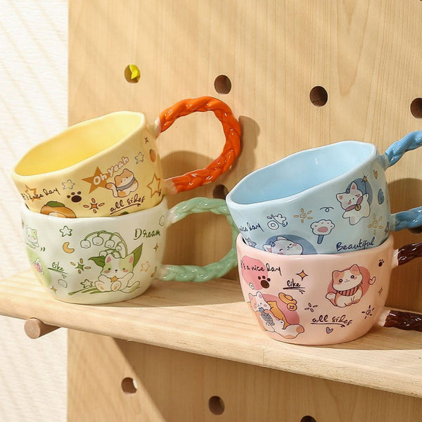 320Ml Whimsical Cat & Friends Ceramic Mug With Unique Twisted Handle Pink Mugs