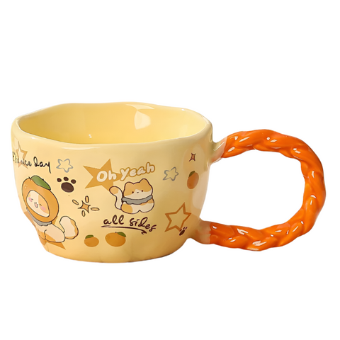 320Ml Whimsical Cat & Friends Ceramic Mug With Unique Twisted Handle Yellow Mugs