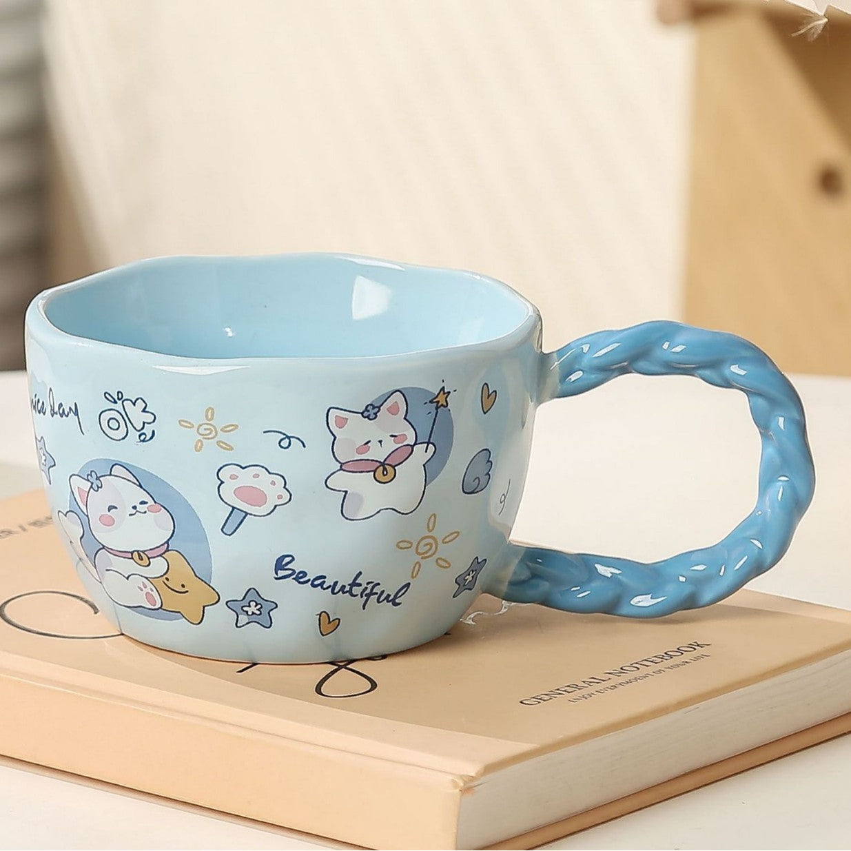 320Ml Whimsical Cat & Friends Ceramic Mug With Unique Twisted Handle Blue Mugs
