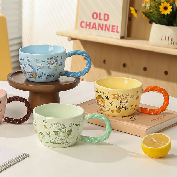 320Ml Whimsical Cat & Friends Ceramic Mug With Unique Twisted Handle Blue Mugs