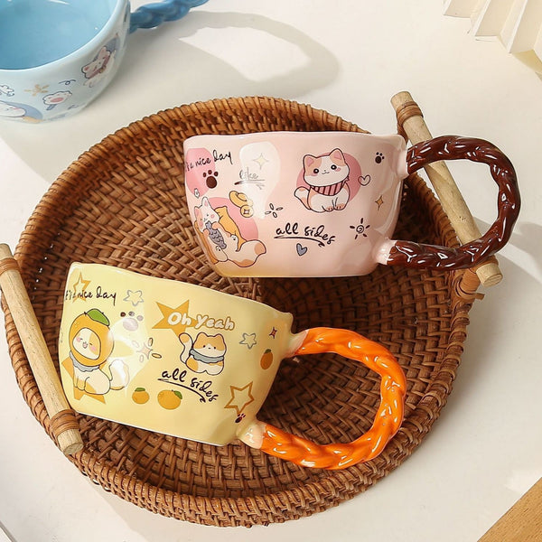 320Ml Whimsical Cat & Friends Ceramic Mug With Unique Twisted Handle Green Mugs