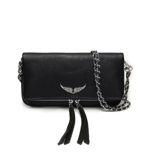 Chic Quilted Leather Crossbody Bag With Chain Strap & Tassel Detail(Pure Black) Women's Bags & Handbags
