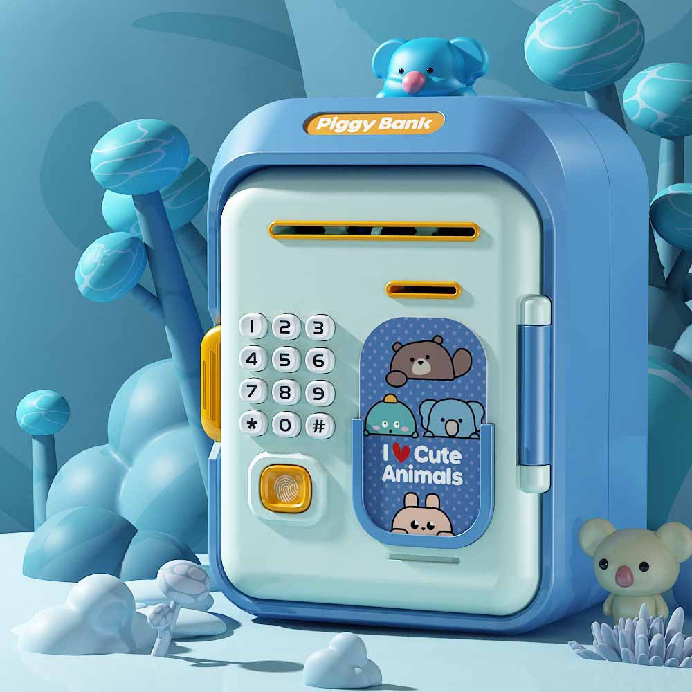 Interactive Kids Piggy Bank Safe With Music Stories Password Lock Blue Educational Toys
