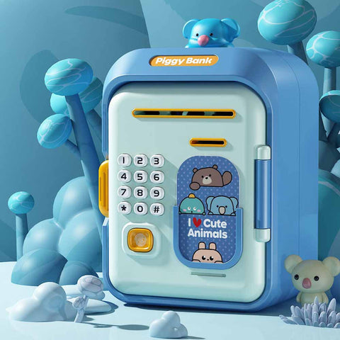 Interactive Kids Piggy Bank Safe With Music Stories Password Lock Blue Educational Toys