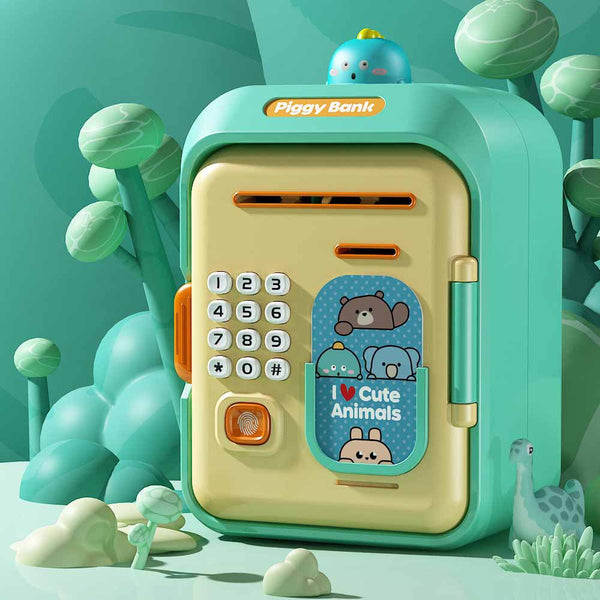 Interactive Kids Piggy Bank Safe With Music Stories Password Lock Cyan Educational Toys