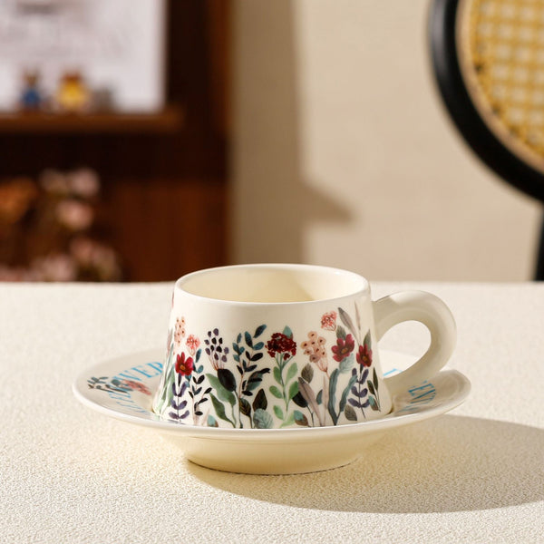 Floral Ceramic Coffee Cup & Saucer Set White Disc Green Cups & Saucers