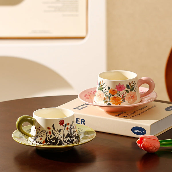 Floral Ceramic Coffee Cup & Saucer Set White Disc Green Cups & Saucers