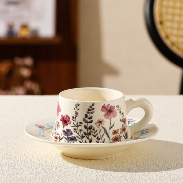 Floral Ceramic Coffee Cup & Saucer Set White Disc Pink Flowers) Cups & Saucers