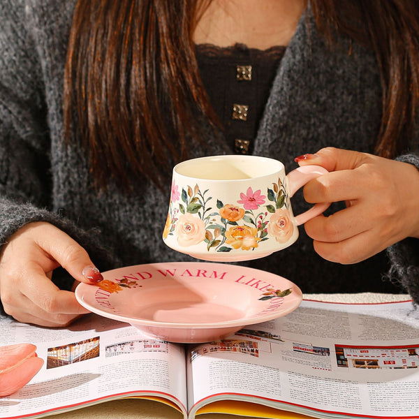 Floral Ceramic Coffee Cup & Saucer Set White Disc Pink Flowers) Cups & Saucers