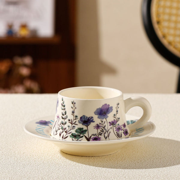 Floral Ceramic Coffee Cup & Saucer Set White Disc Purple Flowers Cups & Saucers