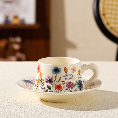 Floral Ceramic Coffee Cup & Saucer Set White Disc Colorful Flowers Cups & Saucers