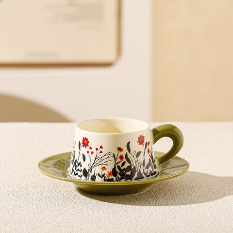 Floral Ceramic Coffee Cup Saucer Set Green Disc Sunflowers Cups & Saucers