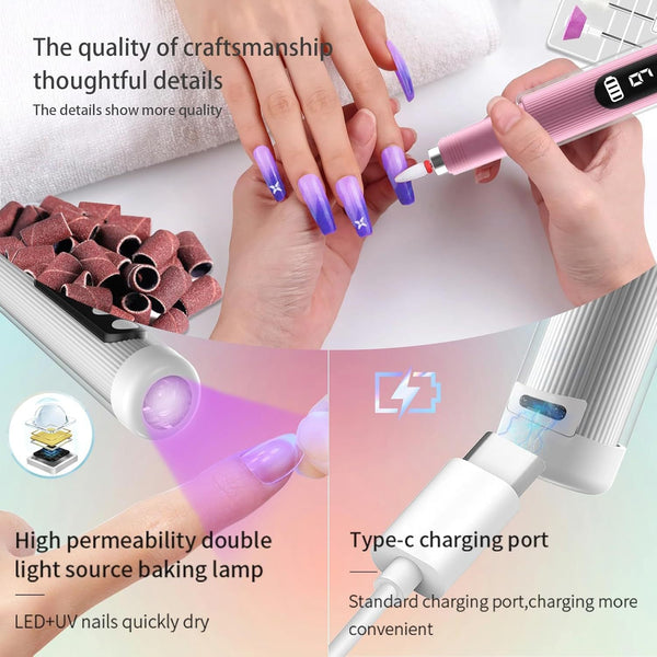 Cordless Electric Nail Drill Kit With Uv Lamp 0 20000Rpm Led Display 12 Bits(White) Manicure & Pedicure Tools & Kits
