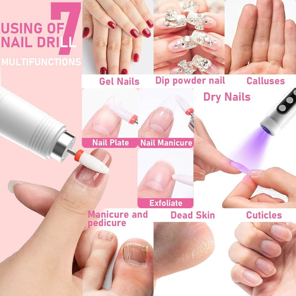 Cordless Electric Nail Drill Kit With Uv Lamp 0 20000Rpm Led Display 12 Bits(Pink) Manicure & Pedicure Tools & Kits