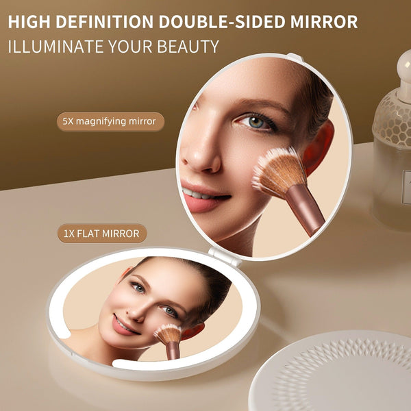 Led Lighted Travel Makeup Mirror Double Sided 1X/5X Magnification Usb C Rechargeable Induction (White) Makeup Mirrors