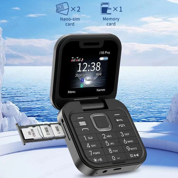 I16 Pro Mini Flip Phone Dual Sim Ai Lens Digital Camera Compact Stylish Design Black Mobile Phone Parts