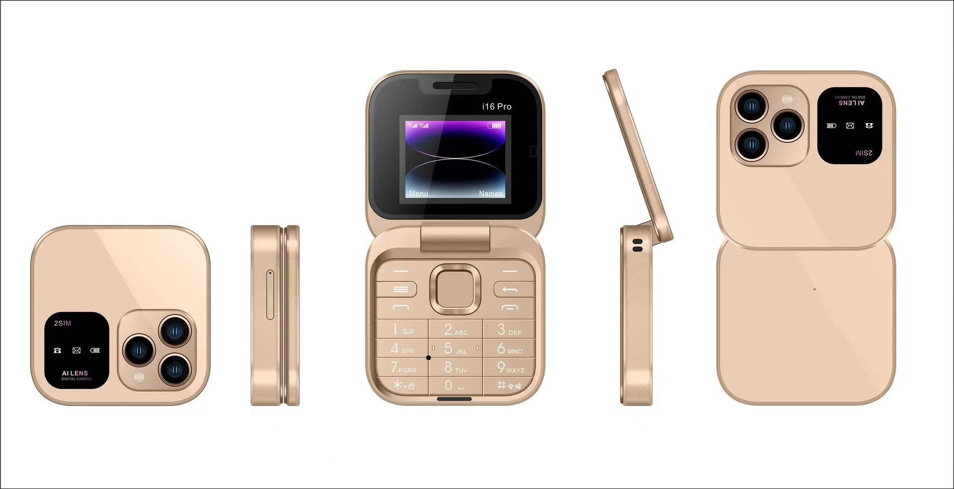 I16 Pro Mini Flip Phone Dual Sim Ai Lens Digital Camera Compact Stylish Design Gold Mobile Phone Parts