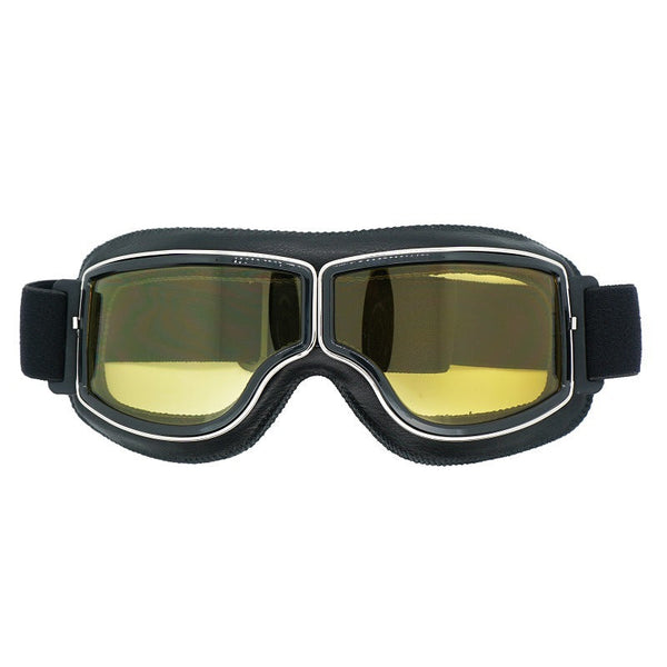 Retro Motorcycle Goggles Windproof Uv400 Protection Anti Impact Pc Lenses With Leather Frame (Black Yellow Lens) Other Motorcycle Clothing