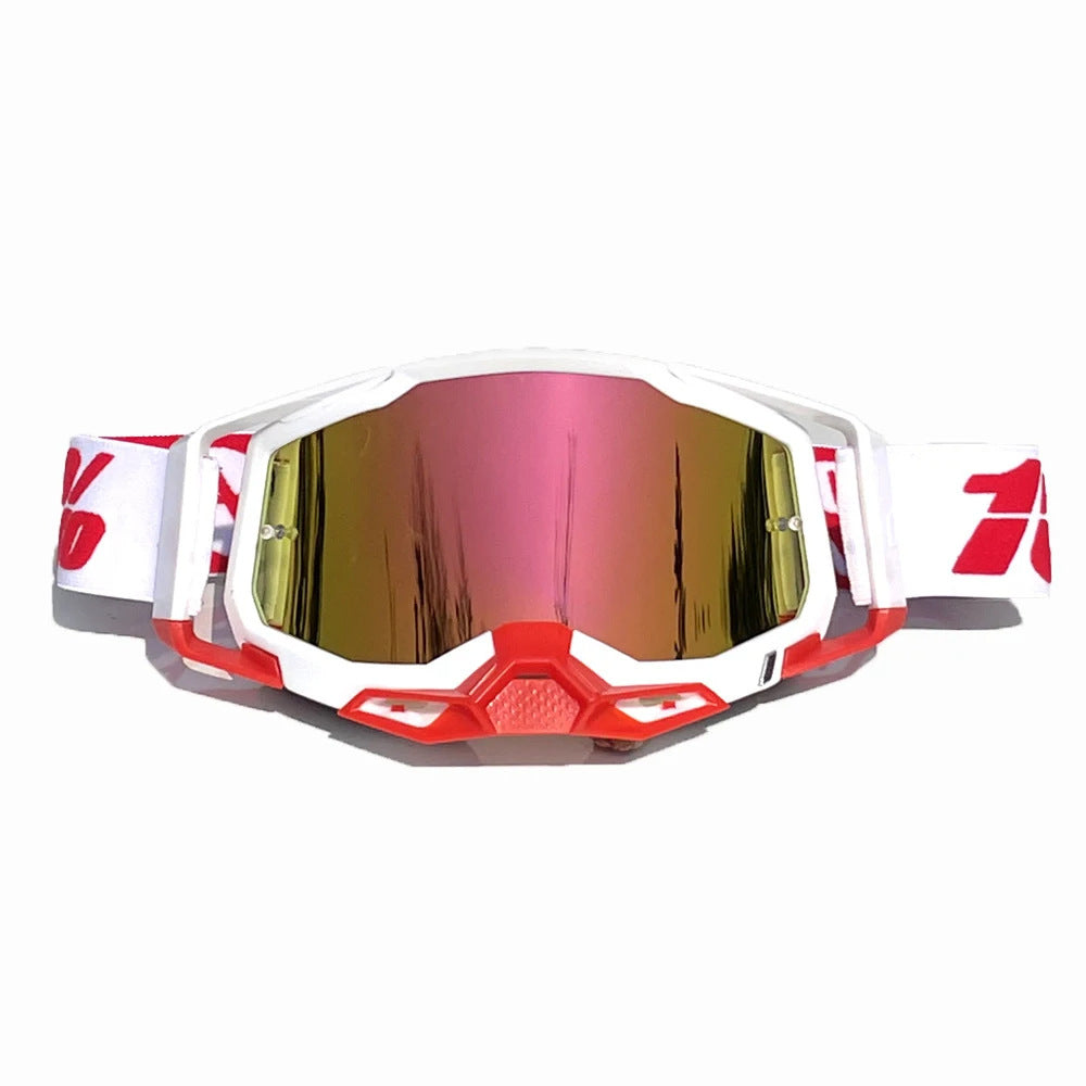 Pro Motocross Goggles Windproof Uv400 Protection With Tpu Frame & Pc Lens Adjustable Strap (White Framered Lens) Sunglasses Goggles