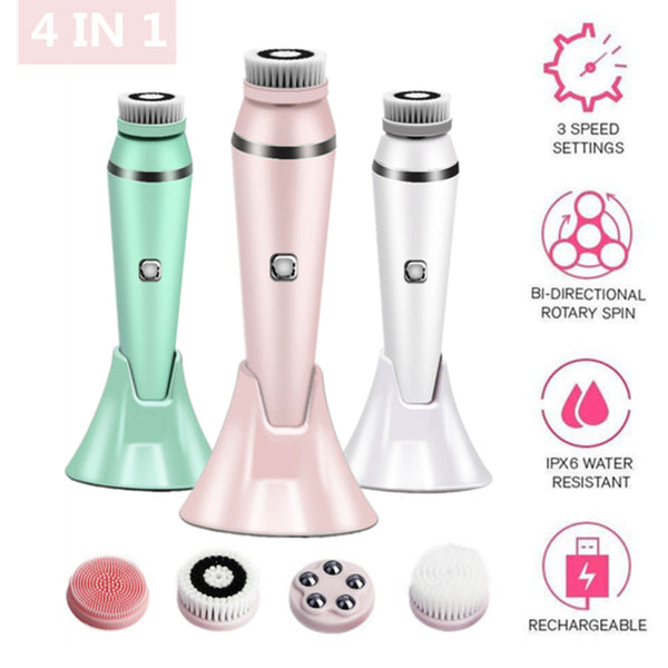 4 In 1 Electric Facial Cleansing Brush & Massager Ipx6 Waterproof 3 Speeds Bi Directional Spin Usb Rechargeable(Light Green) Facial Cleansing Devices