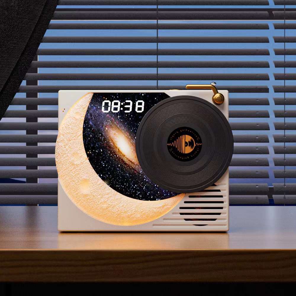 Retro Vinyl Bluetooth Speaker With Moon Ambient Light Clock 360 Surround Sound White Audio Docks & Mini Speakers