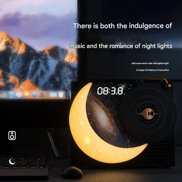 Retro Vinyl Bluetooth Speaker With Moon Ambient Light Clock 360 Surround Sound White Audio Docks & Mini Speakers