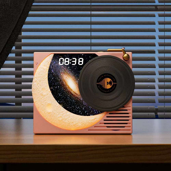 Retro Vinyl Bluetooth Speaker With Moon Ambient Light Clock 360 Surround Sound Pink Audio Docks & Mini Speakers